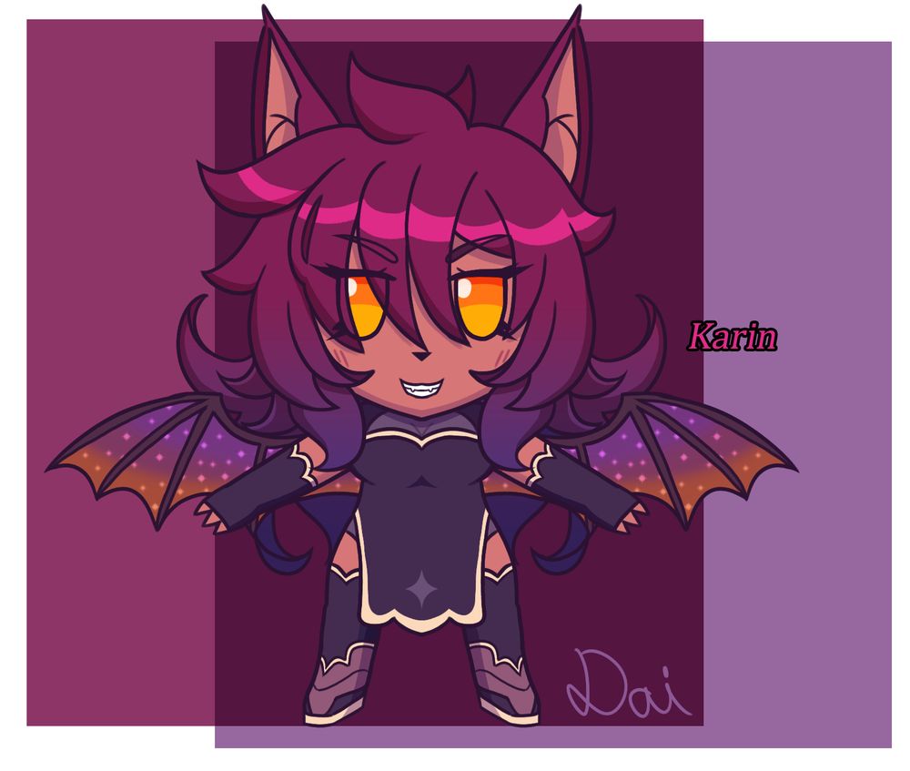A fumo-styled plushie of Karin. She is a anthro bat gal with long, magenta to cold purple gradient coloured hair, wings with starry, sunset patterned membranes, blazing orange eyes, wearing a dark purple combat dress(?, I dont know how to describe clothing sometimes), with golden trims.