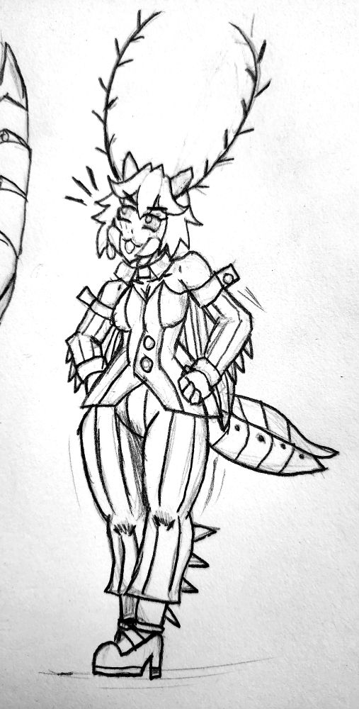 A sketch of a cockroach gal confidently wearing a tux-bunny suit of sorts. The spikes of her arms and legs are sticking out of the sleeves and pants.