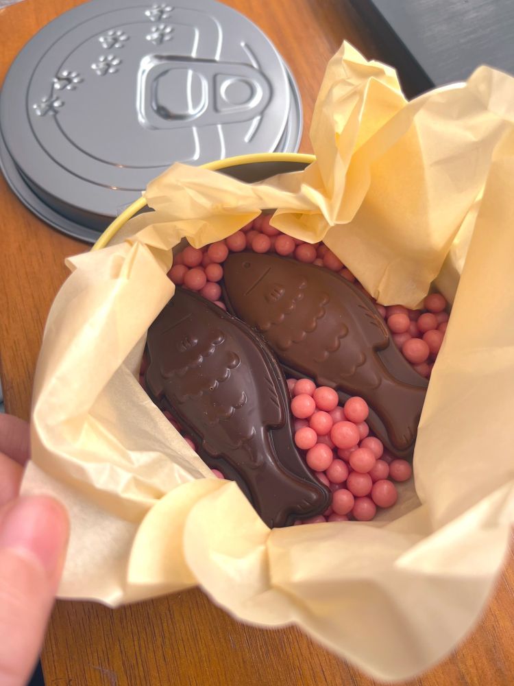 The content of the Nekocan (2 chocolate fish: one dark, one milk, sitting on a pile of little strawberry chocolate balls)