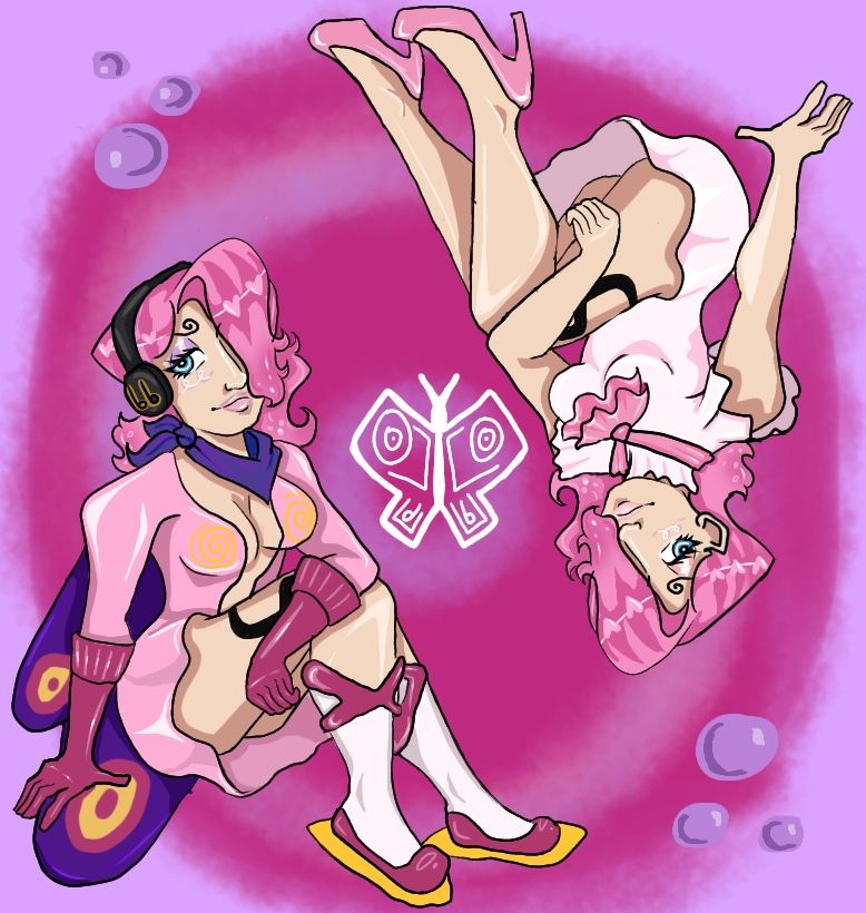 2 drawings of Reiju Vinsmoke. One is in her Poison Pink raid suit, the other her pink dress.