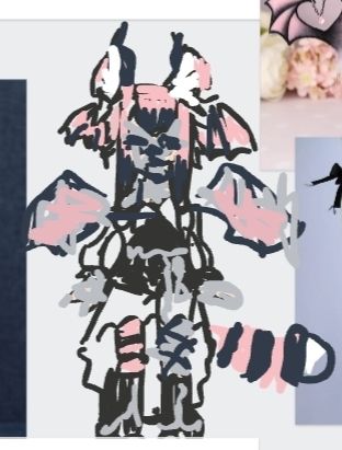 A shitty scribble of a creature girl. Grey, pink, black, and white.