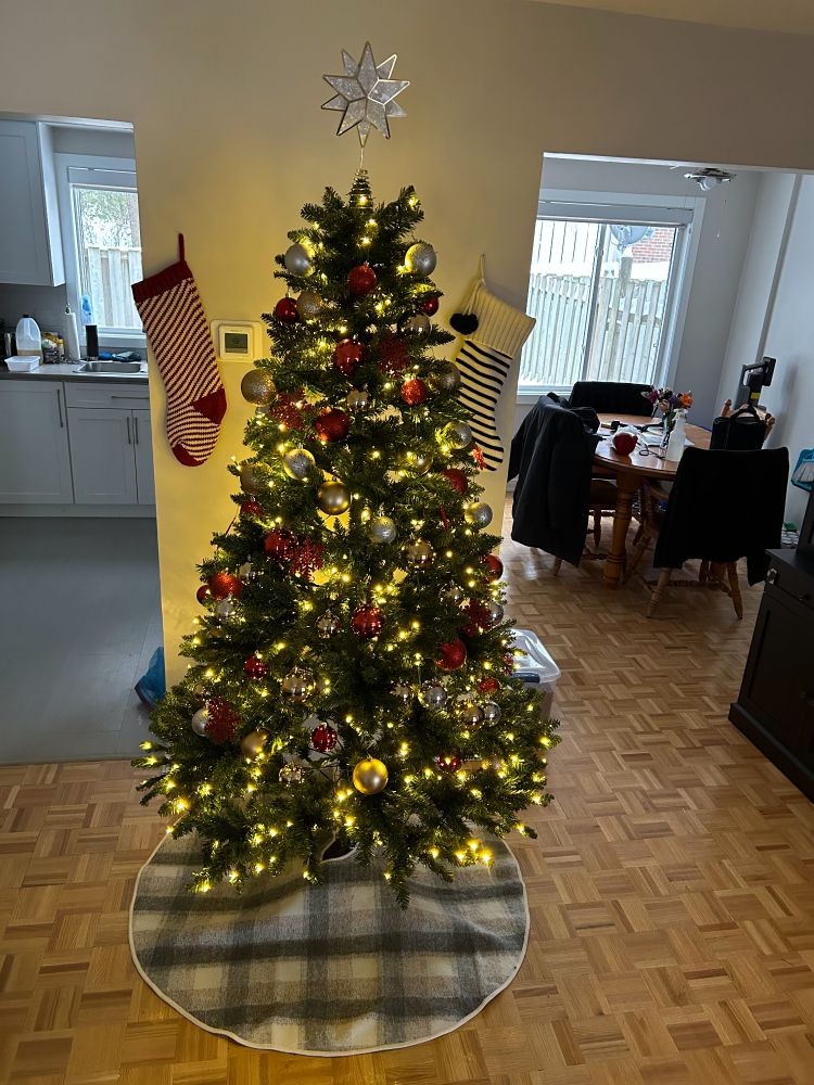 Lit fake Christmas tree with red , gold , and silver baubles. Theres a grey plaid tree skirt underneath. There are stripes stockings hanging on the wall behind. 