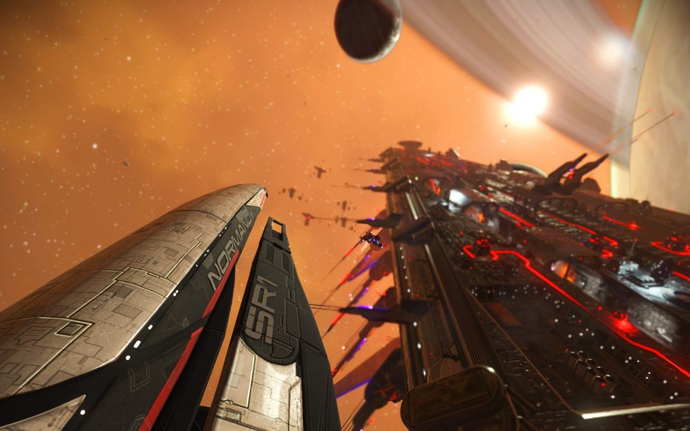 Nose of the Normandy and Sentinel Ship in focus next to a pirate freighter