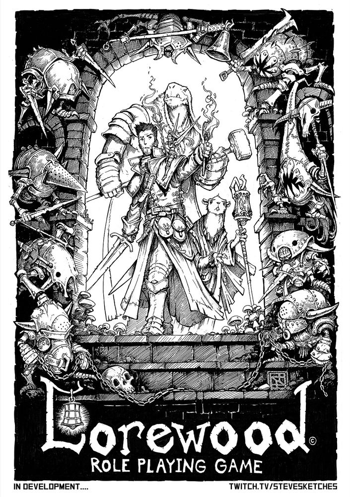 Finally finished picture of a bunch of goblins about to ambush a hapless party of adventurers.  The text at the bottom reads "Lorewood - Role Playing Game" and "In Development" and "Twitch.tv/stevesketches".  