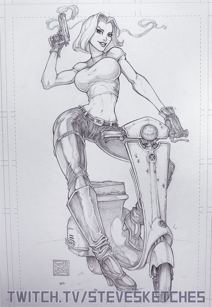 A photo of a pencil drawing of Abbey Chase from J Scott Campbell's late 90's comic Danger Girl.  She's posed on a bullet riddled scooter, and holds her signature Desert Eagle in her hand.  Text: TWITCH.TV/STEVESKETCHES 