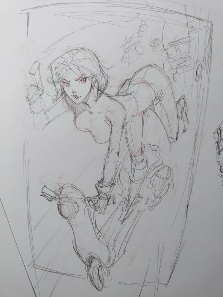 Rough pencil sketch of Abbey Chase fleeing on a vespa from a bunch of baddies in cars.  