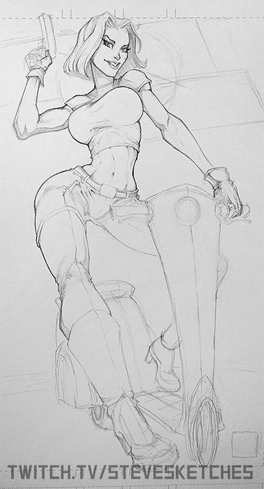 Photo of a pencil drawing of Abbey Chase, the main character of the cult classic 90's comic Danger Girl by J. Scott Campbell.  This sketch is a previous WIP, I had barely started drawing the scooter.  Why did I decide to draw Abbey Chase on a scooter anyway???  She never rides a scooter in the comic.... 