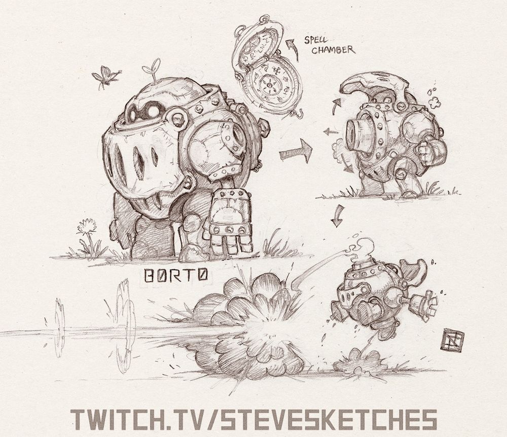 A pencil sketch of a round robo golem, a cute chunky lil guy.  He has a spell cannon in his chest, the back of which protrudes, giving access to a lid that can be lifted to reveal a spell circle.  A spell can be placed inside, allowing Borto to convert it into a shot with the spell's properties.  The resulting detonation is... dramatic.  Text: twitch.tv/stevesketches 