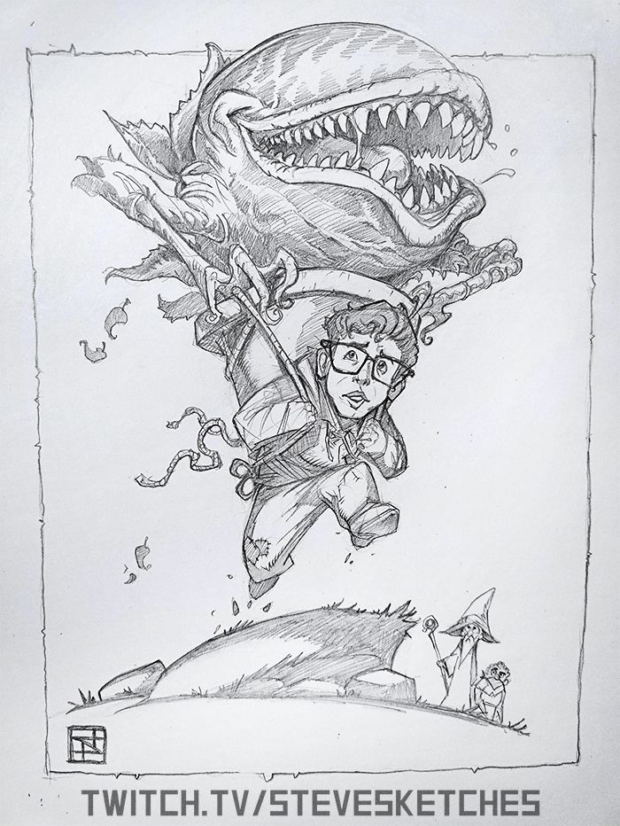 A pencil sketch of Audrey 2 being carried into battle by Seymour. The rest of the standard fantasy RPG party watches from a safe distance. 