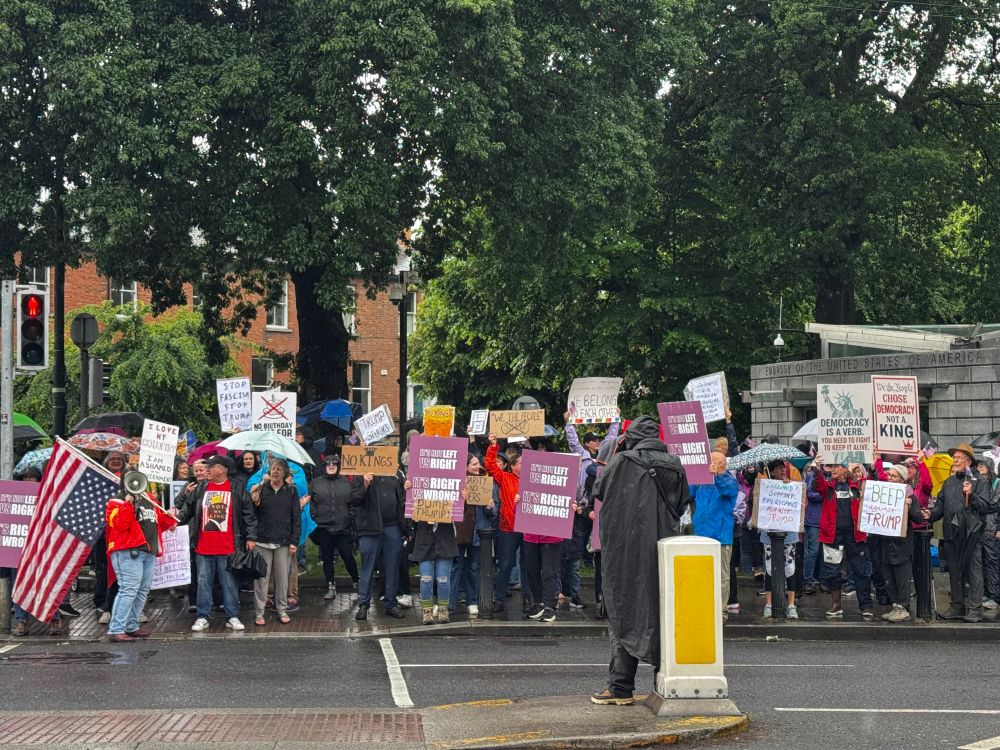 a gathering of No Kings protesters outside the US Embassy in Dublin, Ireland