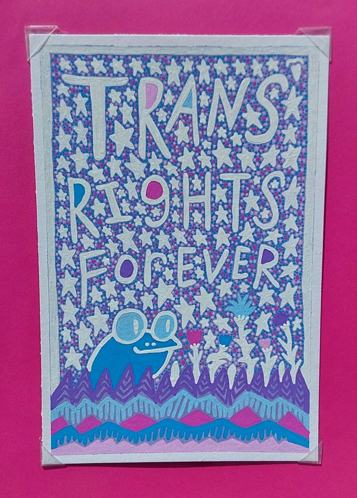 In big white letters, it says: "Trans rights forever." Below that there is a blue frog with white linework looking at different colored flowers. All their leaves and stems are white. There is a rose, blue, light blue, pink, and purple colored flower. Besides the flowers, there are little white flower bulbs. The grass is purple, and below that is light blue grass, rose diamond shapes, blue grass, and pink ground. Around the words are white stars while pink, rose, and blue dots