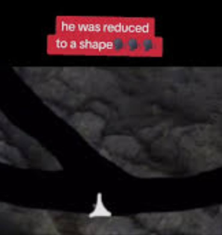 a cartoon diagram of a caving disaster, the victim of which has been squished into a triangle and the text above reads "he was reduced to a shape"