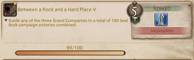 screenshot of the ffxiv pvp seal rock achievement 
just one of 100 wins is missing for completion