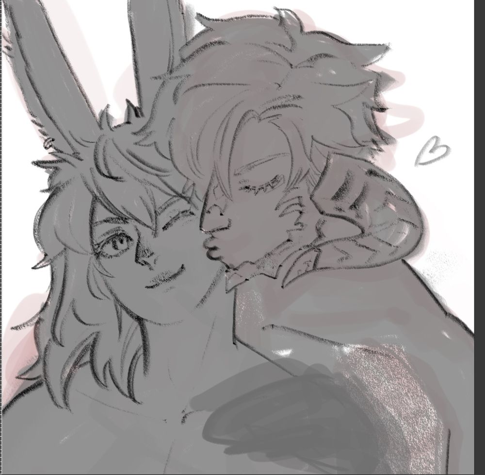 unfinished b/w sketch of two characters being soft with each other
