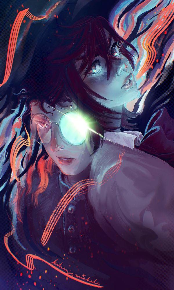 Illustration of Momo and Okarun from Dandadan overlapping with Momo's shiny teal earring lining up with one of Okarun's glasses lenses. They are surrounded by chaotic lines and colorful flames.