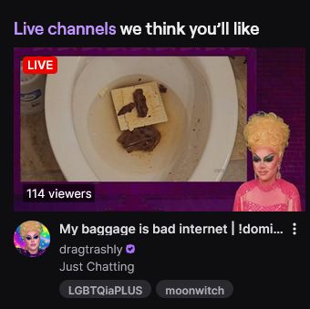 drag queen looking at 30 year old chocolate on a 30 year old cracker in a toilet