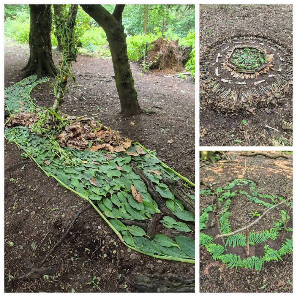 Shapes on the ground using balsam leaves, stalks, sticks, bracken