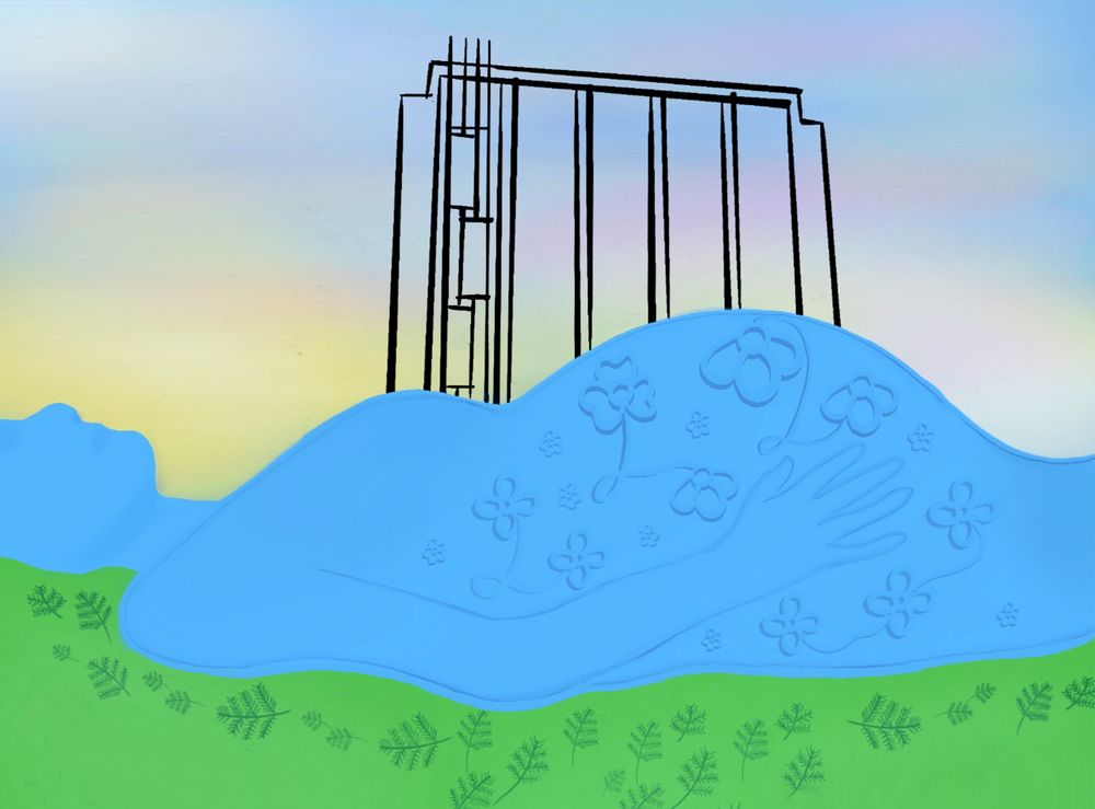 A digital artwork of the figure of a pregnant mother laying down on her back on grass. Behind her rises the Manitoba Museum tower, which, combined with her pregnant belly in place of the Planetarium dome, creates the exterior of the Manitoba Museum.