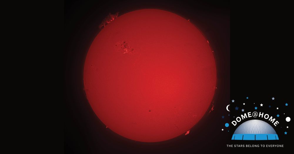 A close-up shot of the Sun, with flares of activity around its border. In the bottom right corner is the Dome@Home logo.