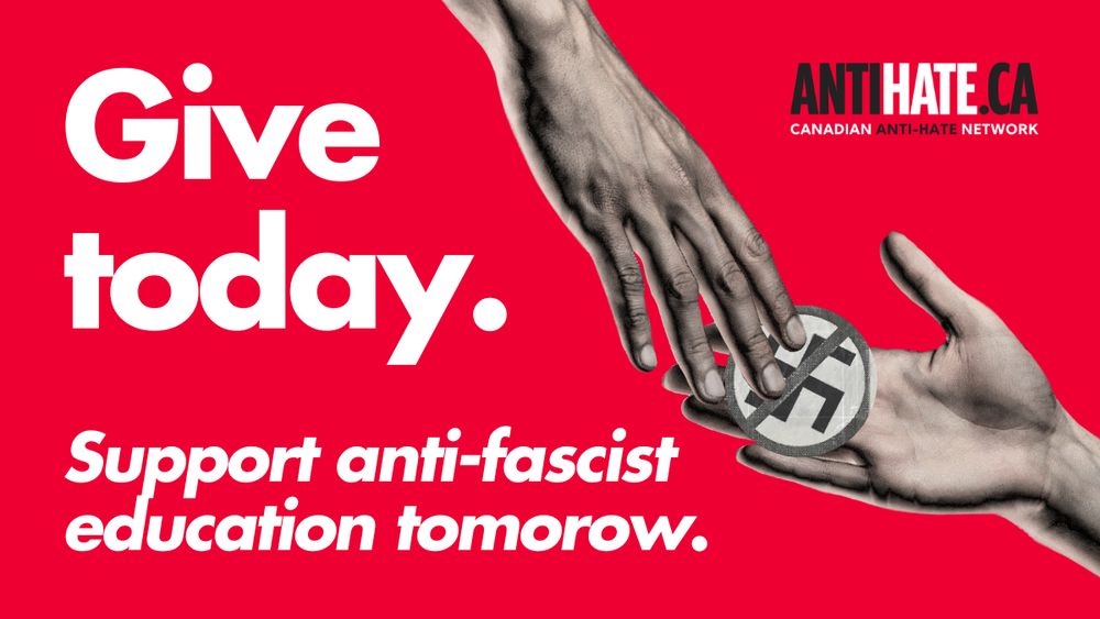 Image is a red background with white text which reads "Give today. Support anti-fascist education tomorrow." In the top right is the CAHN logo and below that are two greyscale hands reaching for each other. 