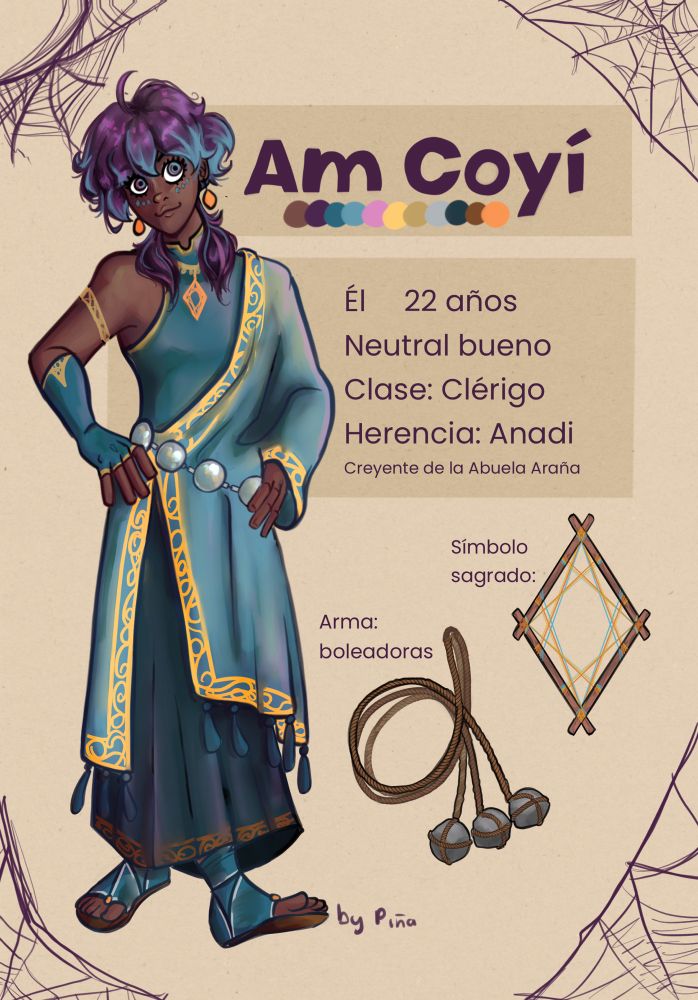 Character sheet for Am Coyí. Has a picture of Am and text description that reads: he/him, 22 years old, neutral good, Anadi Cleric, weapon:bola