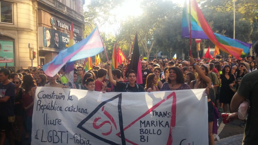 Bloc de la Crida LGBTI a la manifestació de l’Esquerra Independentista de l’11 de Setembre de 2017 a plaça Urquinaona. Pancarta amb el lema «Construïm la República catalana lliure d’LGBTI-fòbia. Sí transmarikabollobi»