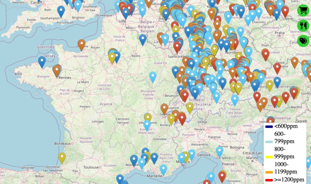 Carte du site de "Indoor CO2 map" montrant la qualité de l'air en intérieur via des mesures de CO2. Chaque point de mesure est consigné.
