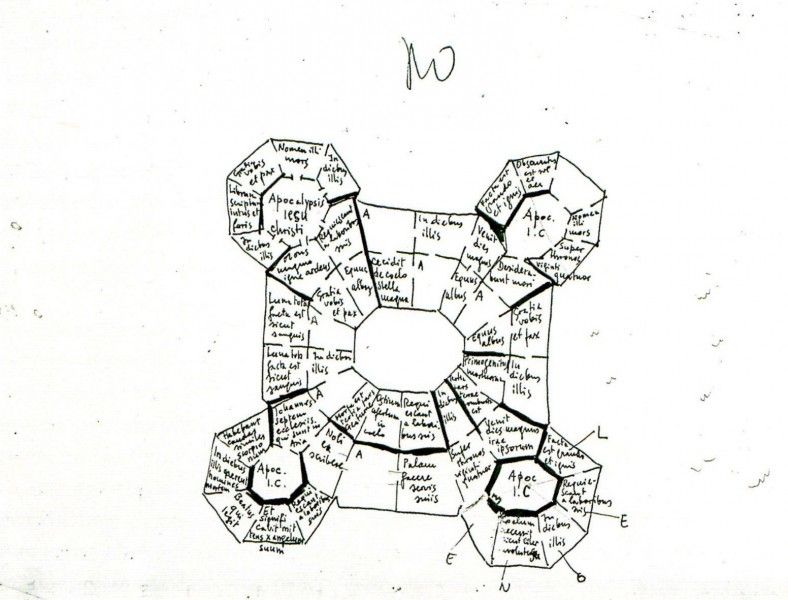 Hand-drawn map of the library-labrynth from the Name of the Rose. Drawing by Umberto Eco.