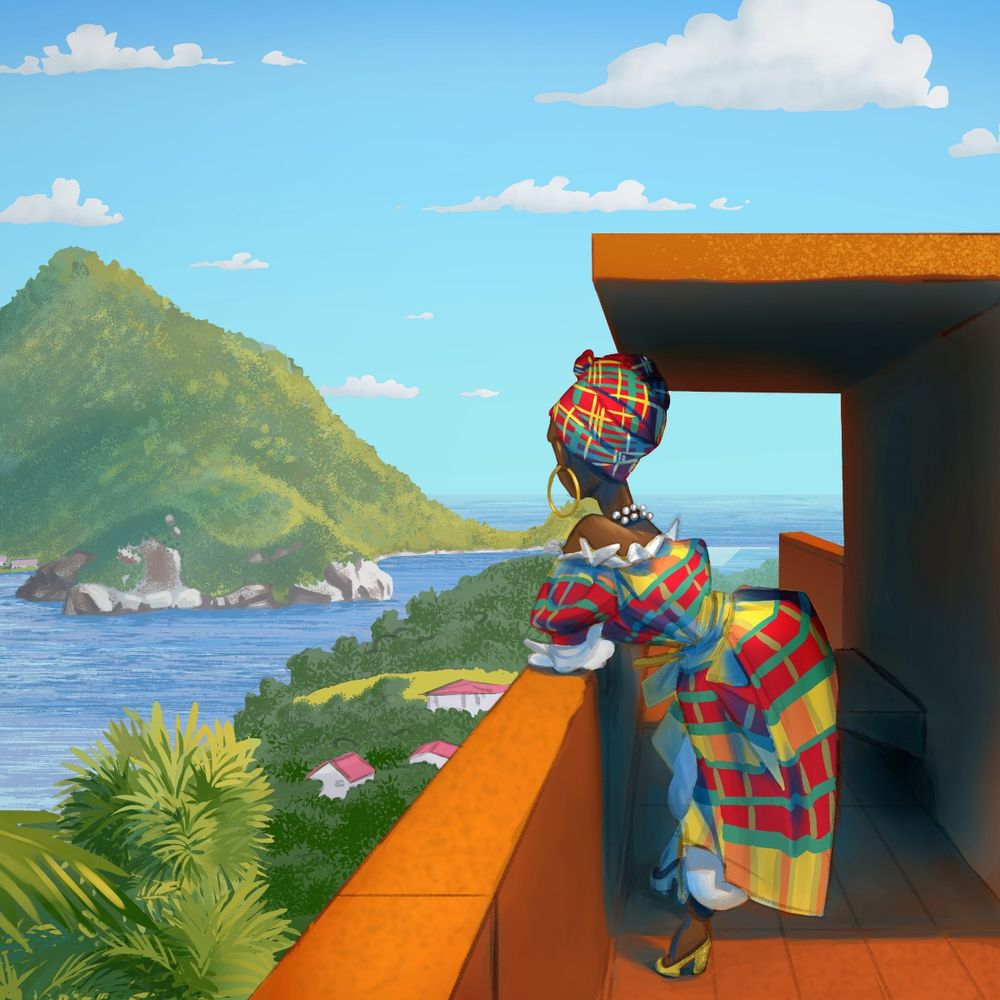 Illustration numérique représentant une femme guadeloupéenne en robe Madras accoudée au Belvédère de Château-Thébaud qui lui a été replacé au milieu d'un paysage guadeloupéen avec végétation et vue sur l'océan - Zoom sur la femme.