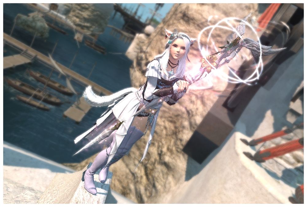 a picture of my White Mage character holding The Cane of the White Tsar Relic weapon!