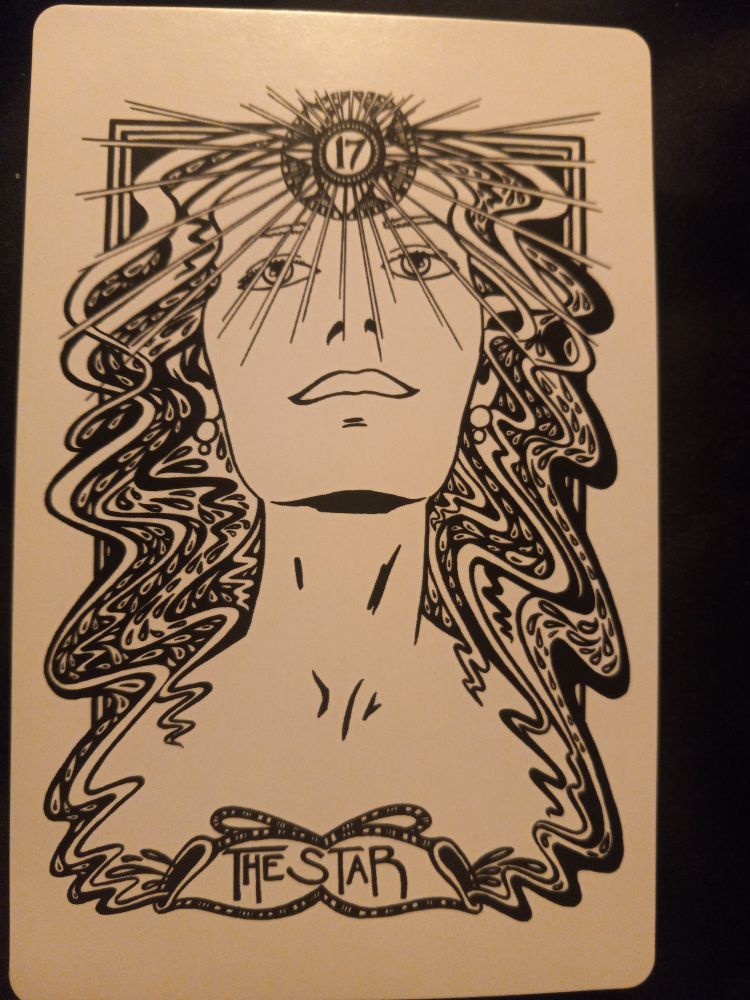 Tarot - The Star (17)

Black and white line art

Woman gazes blissfully at the star blooming at her forehead. Her hair flows like water, cleaning and rejuvenating her spirit.