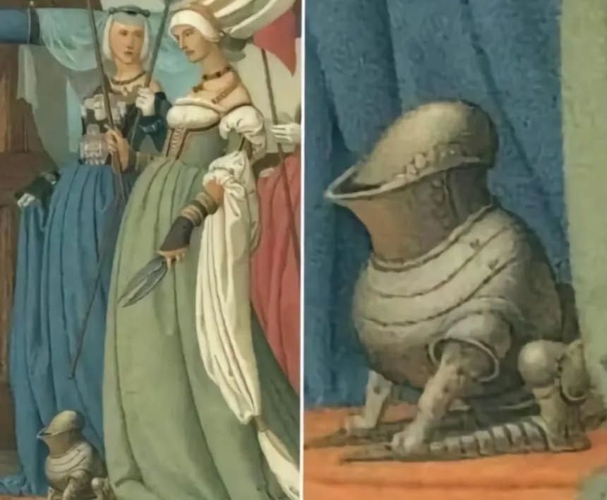 Left panel: two women with an armored cat

Right panel: Close up of the noble feline Knight