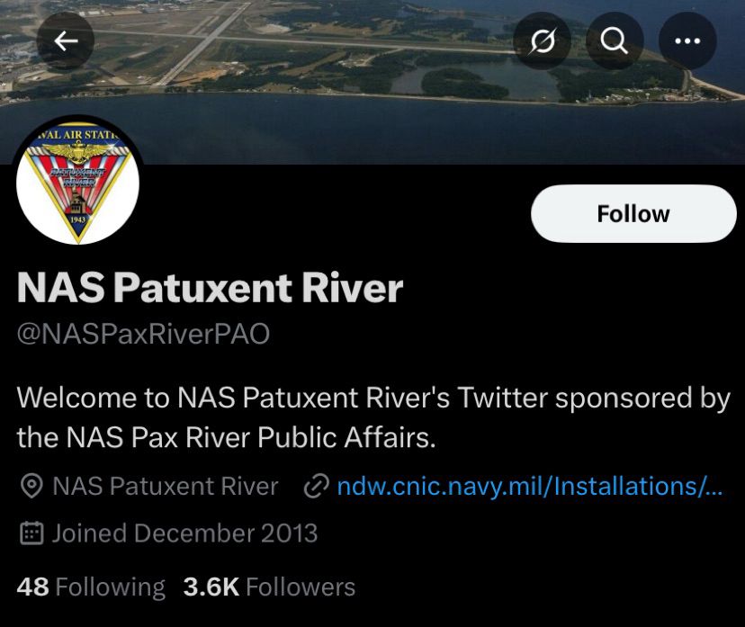  AIR STATI
Follow
NAS Patuxent River @NASPaxRiverPAO
Welcome to NAS Patuxent River's Twitter sponsored by the NAS Pax River Public Affairs.
NAS Patuxent River ndw.cnic.navy.mil/Installations/..