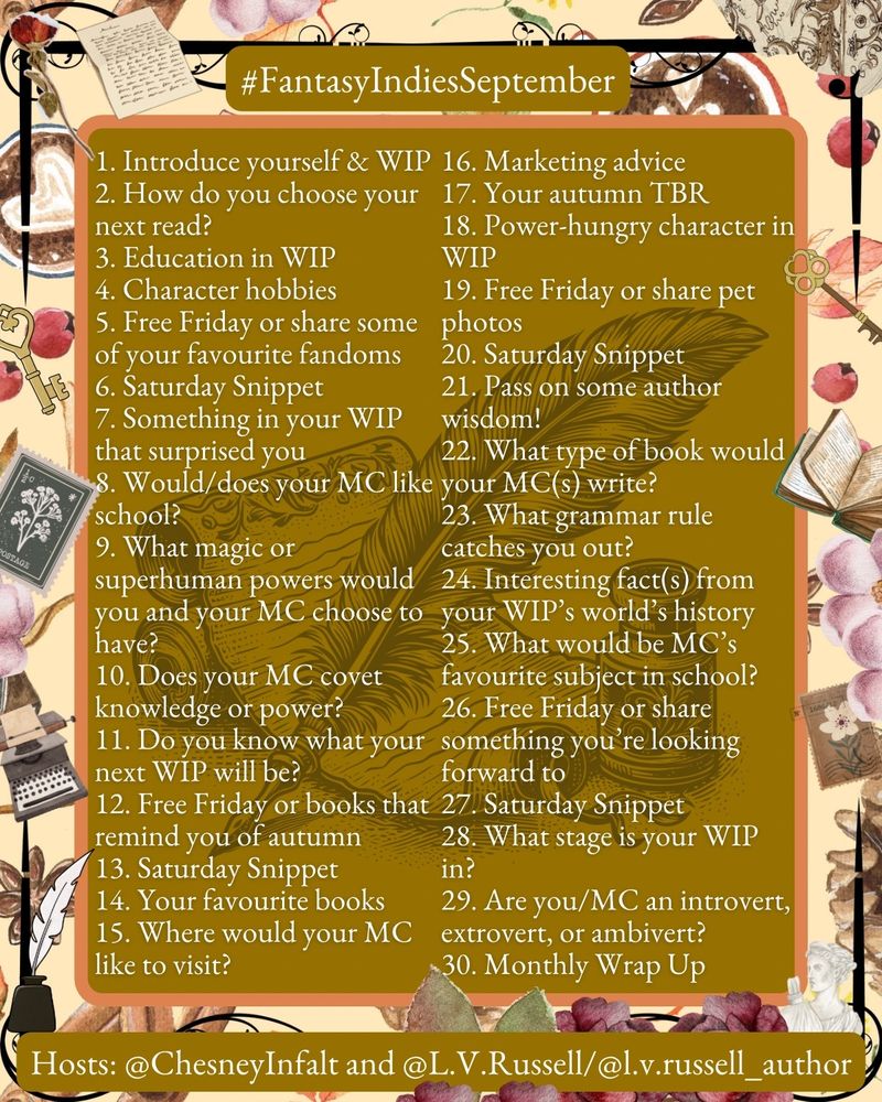 Fantasy Indies September with each day of the month listed with its theme. Today is the 30th, and the theme is the monthly wrap up.