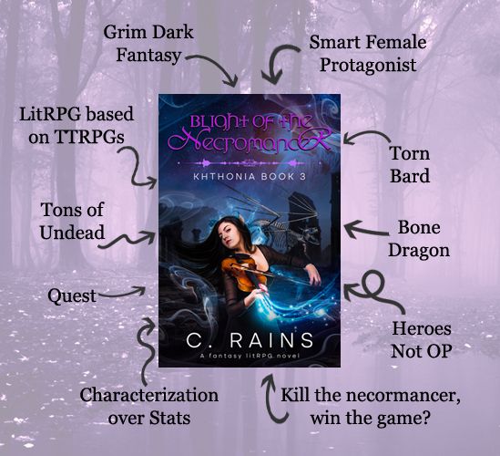 Book cover for Blight of the Necromancer plus its tropes. Grim dark fantasy, smart female protagonist, LitRPG based on TTRPGs, torn bard, bone dragon, tons of undead, quest, heroes not OP, characterization over stats, kill the necromancer, win the game?