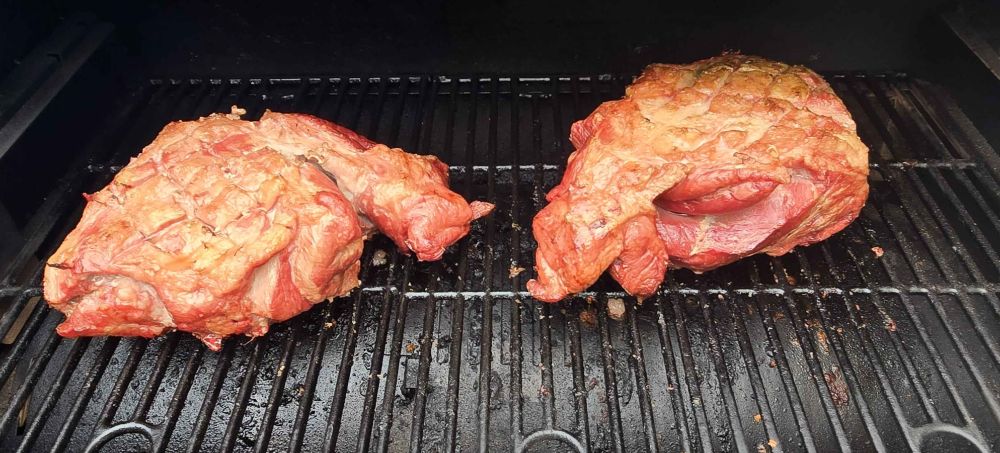 Three hours smoking at 225 has given them a real strong red color. No particular drying out and could've probably been smoked uncovered for longer but we've got most of the smoke flavor into them so we might as well wrap 'em now.