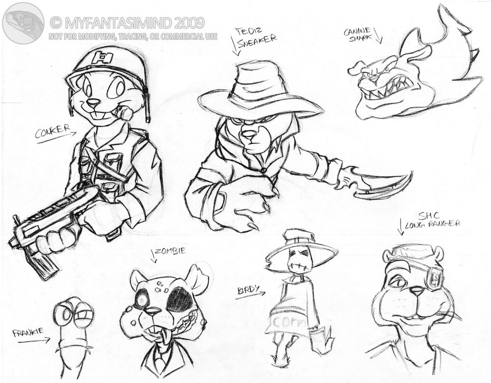 From left to right, we have Conker The Squirrel, a Tediz Sneeker, the Canine Shark, Frankie the Pitchfork, a generic Zombie squirrel, Birdy the Scarecrow, and an SHC Long Ranger.