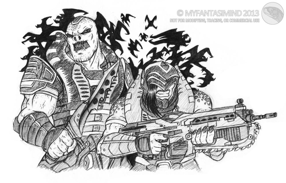 This is a Pencil Sketch Commission I made for TwistedMachine (also DasTierLockJaw on DA). He wanted to have his original Gears Of War character, 73, fight side-by-side with the almighty General RAAM, the infamous Locust General in Gears Of War, with his diabolical Kryll flying around them both. Enjoy!