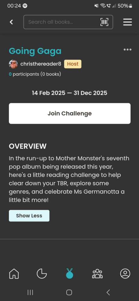 A screenshot of @christhereader8's Storygraph reading challenge 'Going Gaga', a Lady Gaga-themed prompt reading challenge.