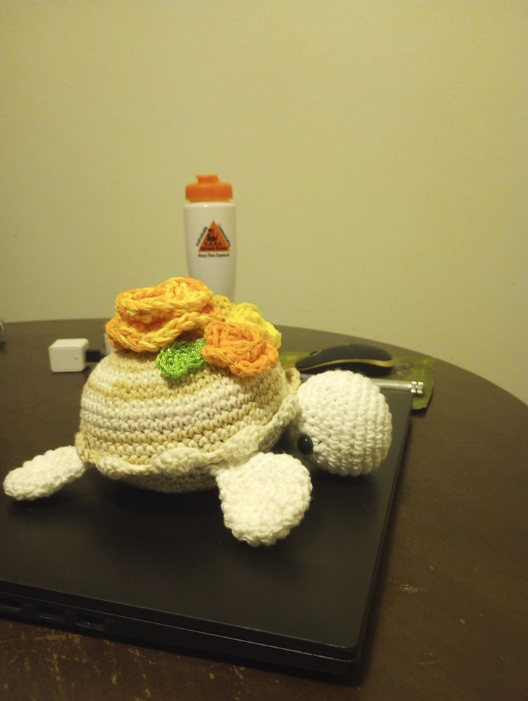 A crochet turtle with flowers on its shell. 