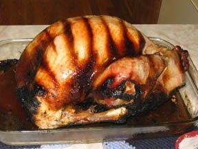 A picture of a cooked turkey, sitting in a glass pan, with black stripes and a cauterized leg due to it literally catching fire when my dumb ass forgot to check the drip pan in the grill was full and not empty and ready to turn dripped bacon grease i to a raging inferno. 

Turkey was delicious, tho. Very smokey flavor.