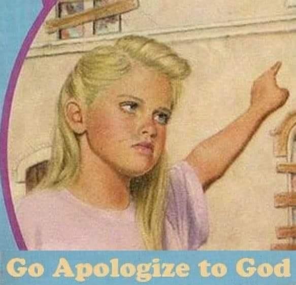 A young blonde haired girl pointing upward and to the viewers right. Text at bottom reads, 