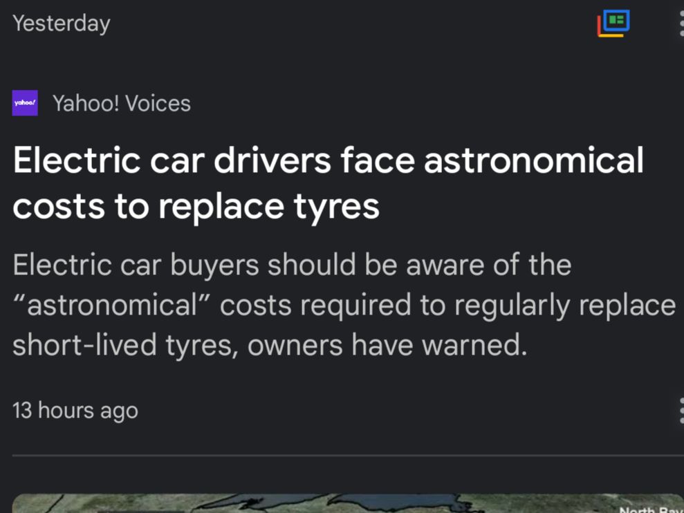 A Yahoo voices article. "Electric car drivers face astronomical cost to replace tires"