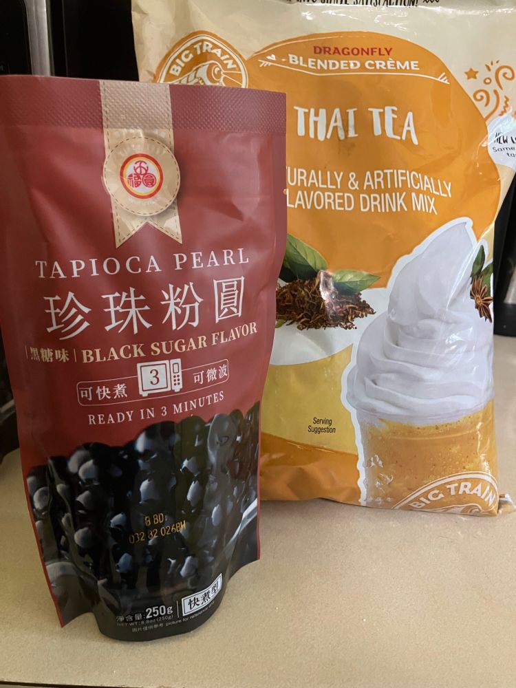 Tapioca pearl standup bag and bulk bag of Thai tea mix