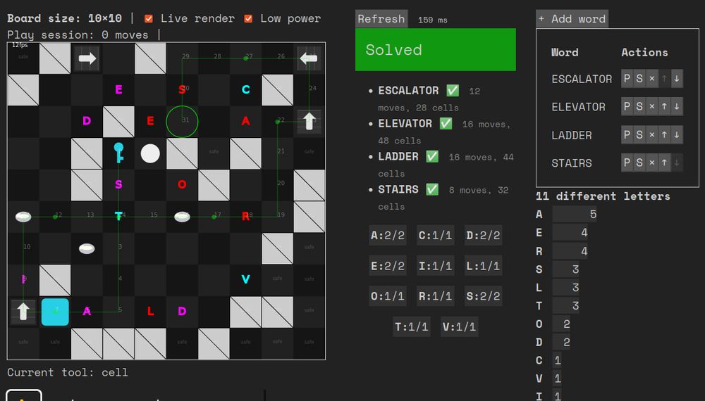 Wordcell editor with a solved puzzle, the solver shows the path to compose the word STAIRS.