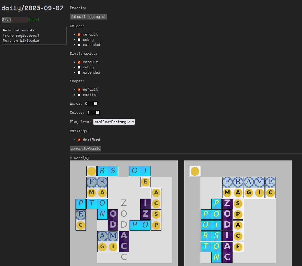 tiler editor with generation parameters and the generated puzzles. the parameters read: Presets:

Colors: default, debug, extended
Dictionaries: default, debug, extended
Shapes: default, exotic
Words: 6
Colours: 4
Play Area: smallest rectangle
Markings: first word