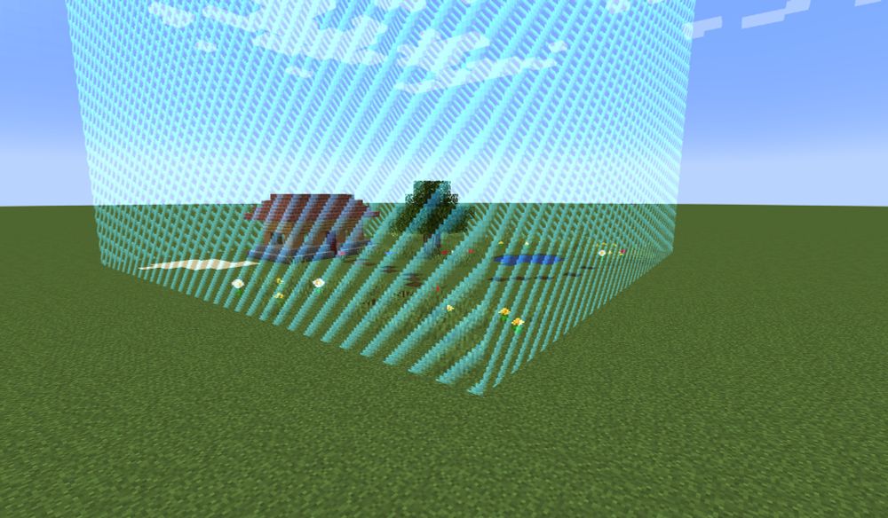 a Minecraft screenshot of a flat world with a small house inside of a vanilla world border barrier.