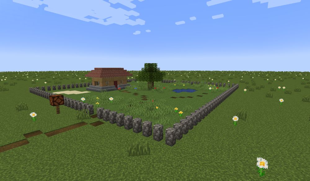 The same house, but the world border barrier disappeared and the out-of-bounds area has a short stone wall, an infinite grass field with some flowers, and a dirt path with a lamp.