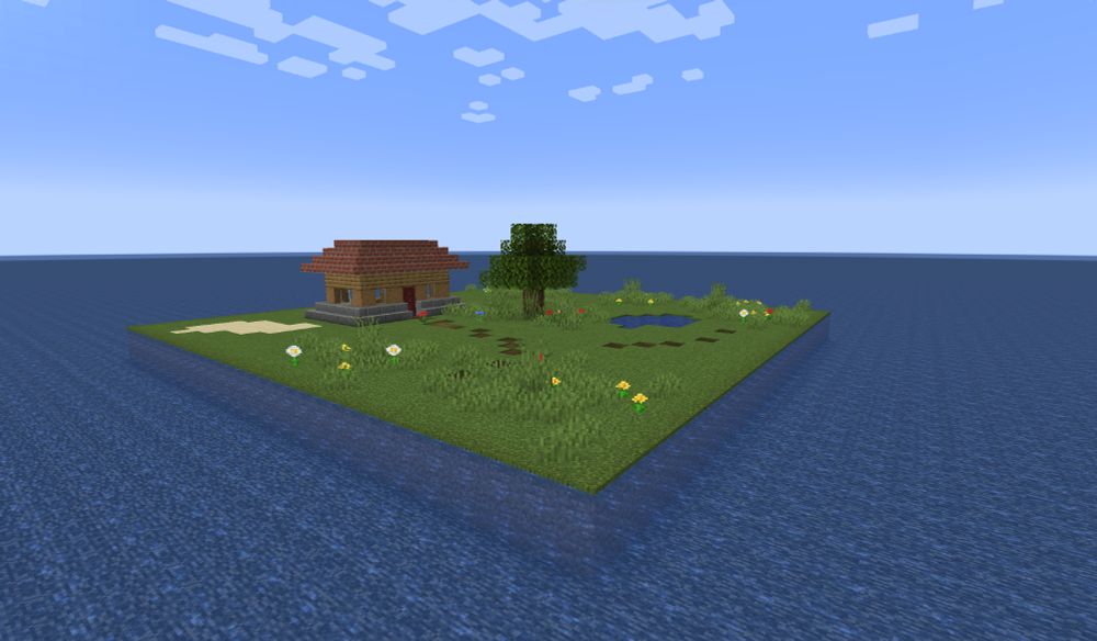The same house, but the out-of-bounds area looks like a Minecraft indev out-of-bounds: a two-block deep sea with a bedrock floor.