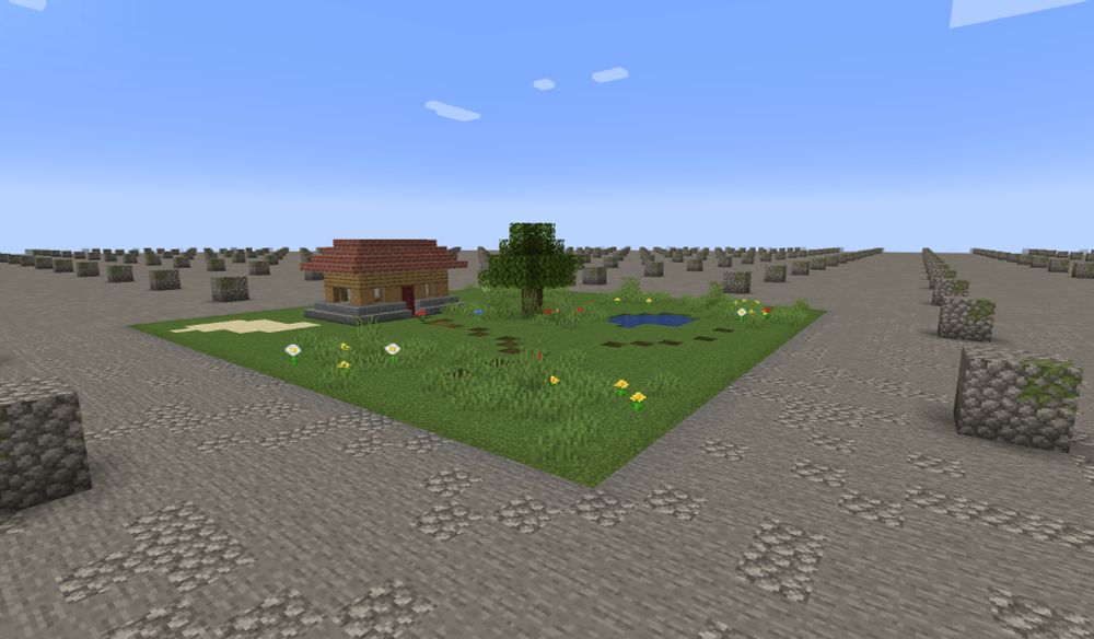 Same house again, but this time the out-of-bounds area is an infinite flat stone floor with a repeating 2x2x2 cobblestone cube on each chunk